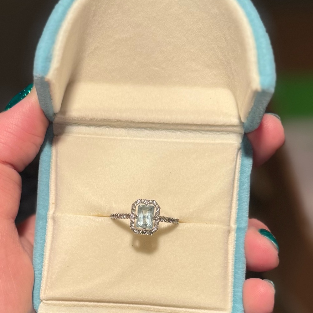 White Gold Aquamarine Ring w/ Diamond Halo and band - Picture 3 of 10